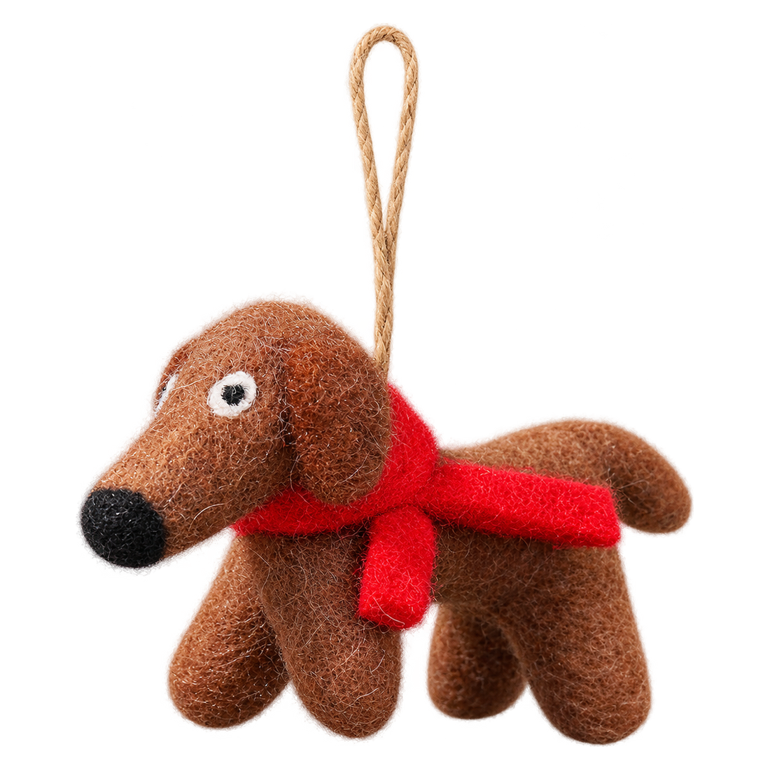 Fudge the Sausage Dog, felt hanging ornament with a hanging loop