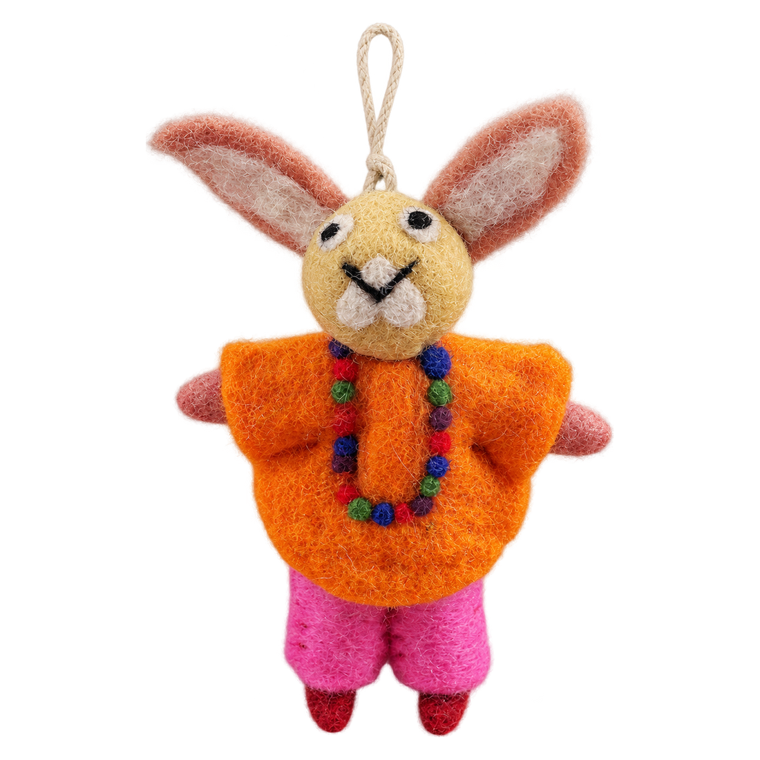 Poncho Bunny in Orange, felt hanging ornament with a hanging loop