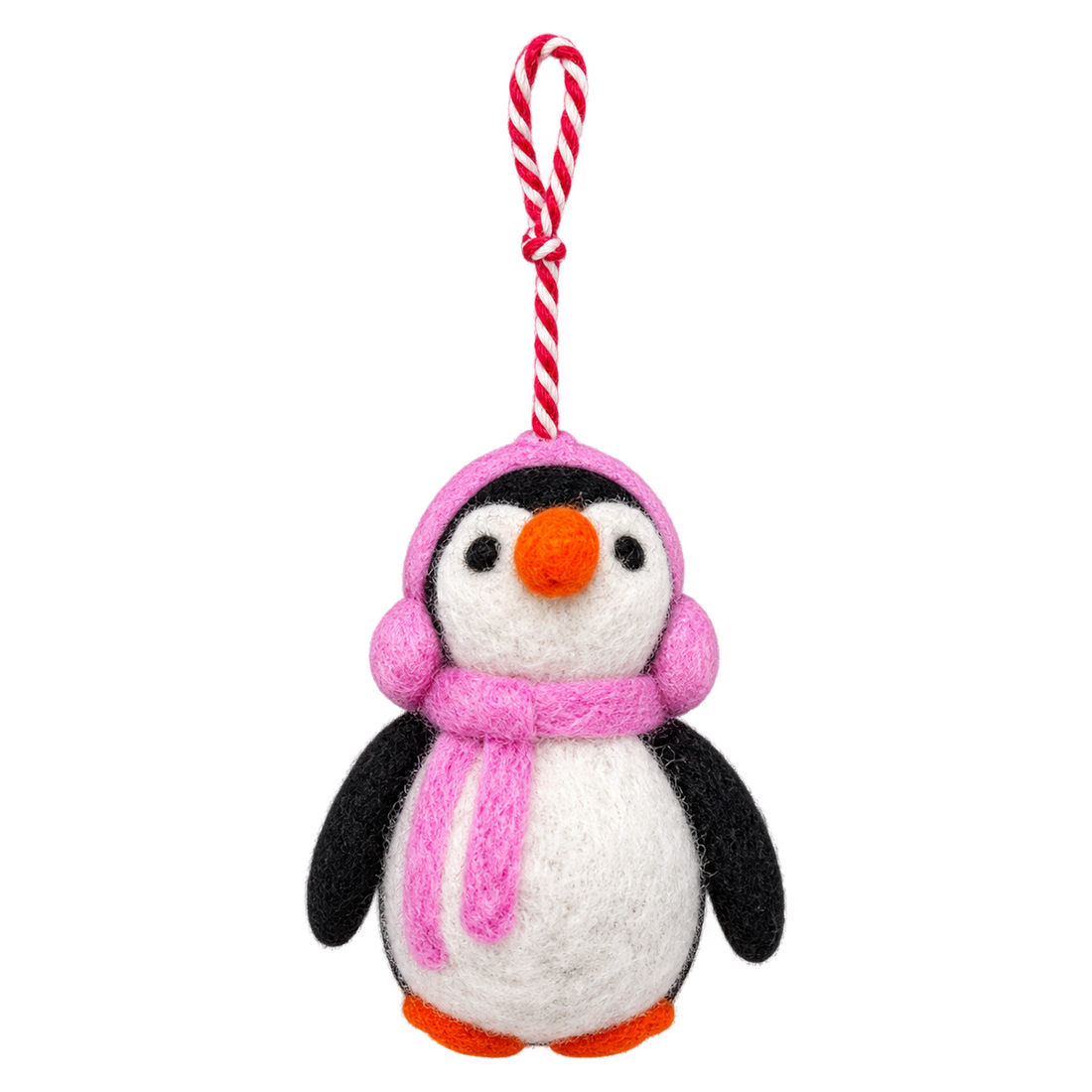 Pink Scarf Penguin, felt bag charm with a hanging loop