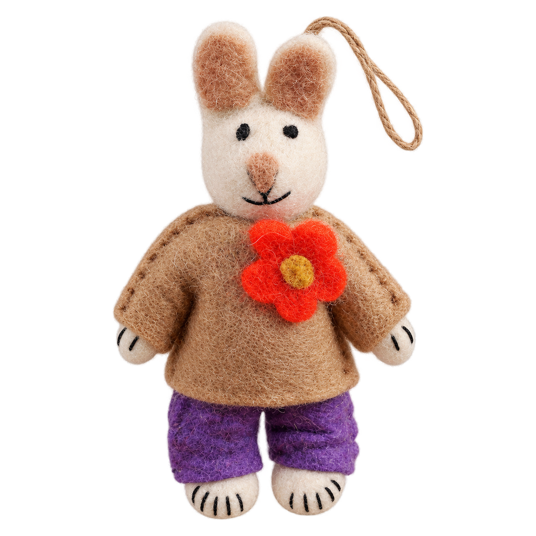Buttonhole Bunny in Khaki, felt hanging ornament with a hanging loop