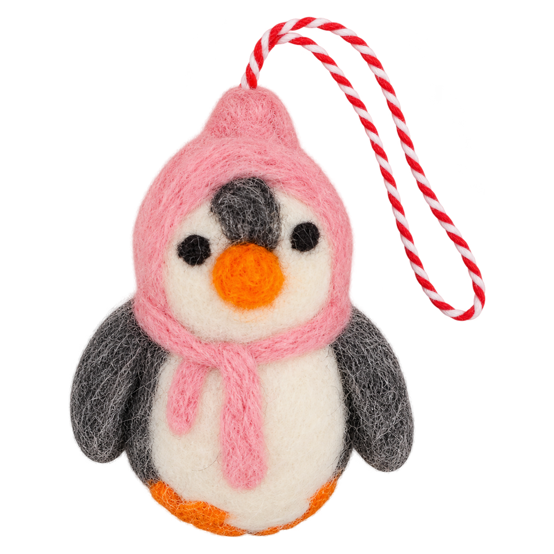 Pink Hood Penguin, felt hanging ornament with a hanging loop