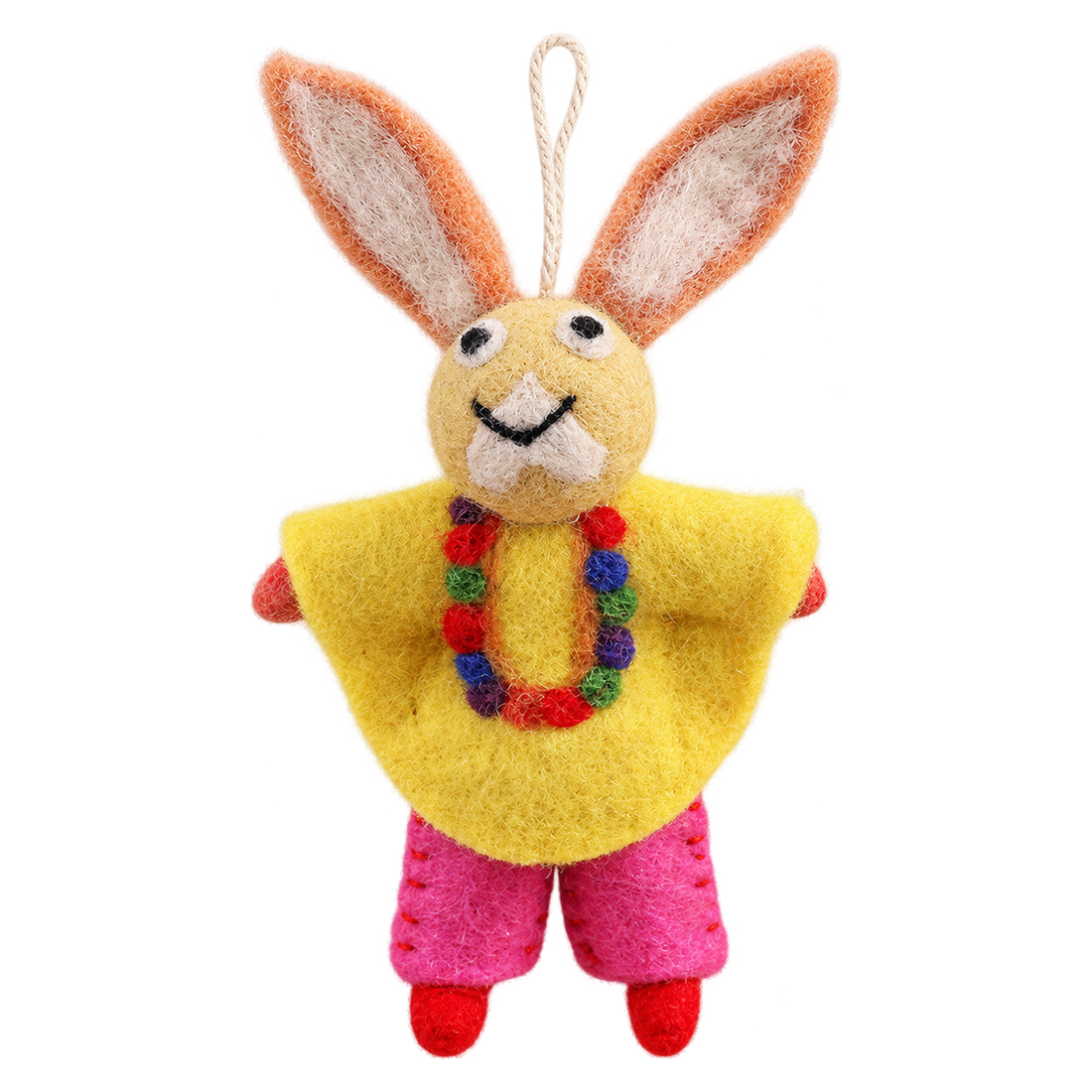 Poncho Bunny in Yellow, felt hanging ornament with a hanging loop