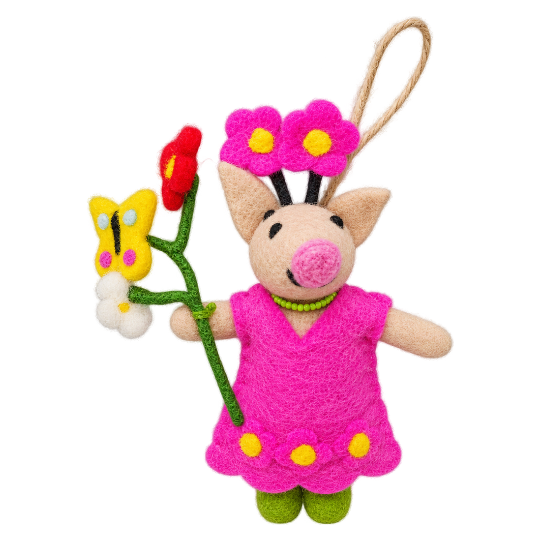 Flower Show Pig, felt bag charm with a hanging loop