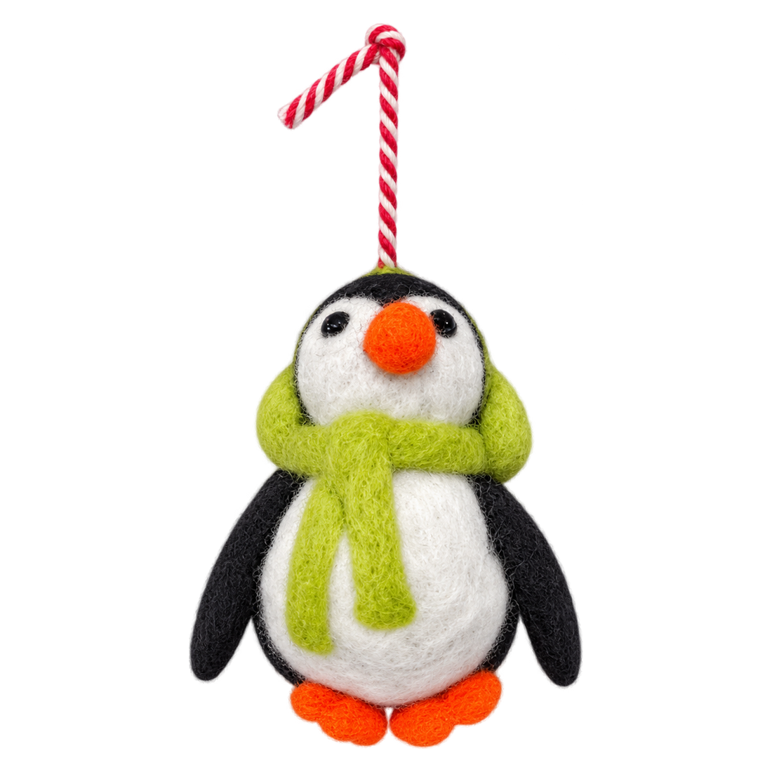 Lime Scarf Penguin, felt bag charm with a hanging loop