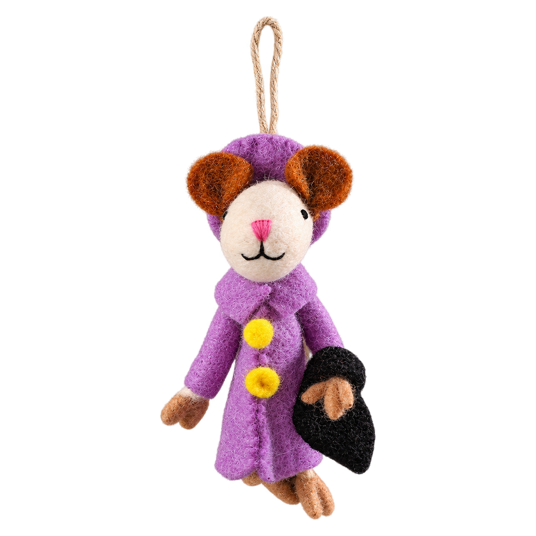 Lilac Bonnet Mouse, felt hanging ornament with a hanging loop