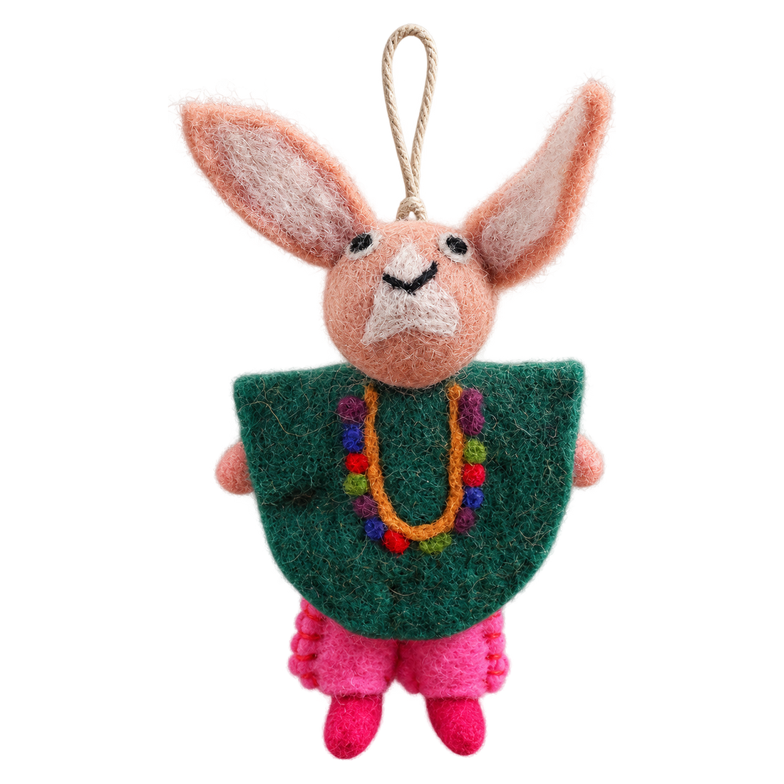 Poncho Bunny in Bottle Green, felt hanging ornament with a hanging loop
