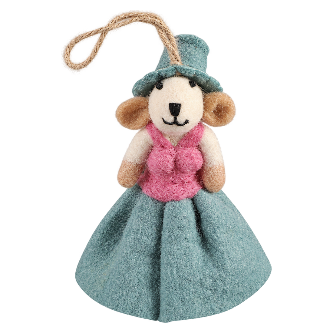 Lady Teal Mouse, felt hanging ornament with a hanging loop