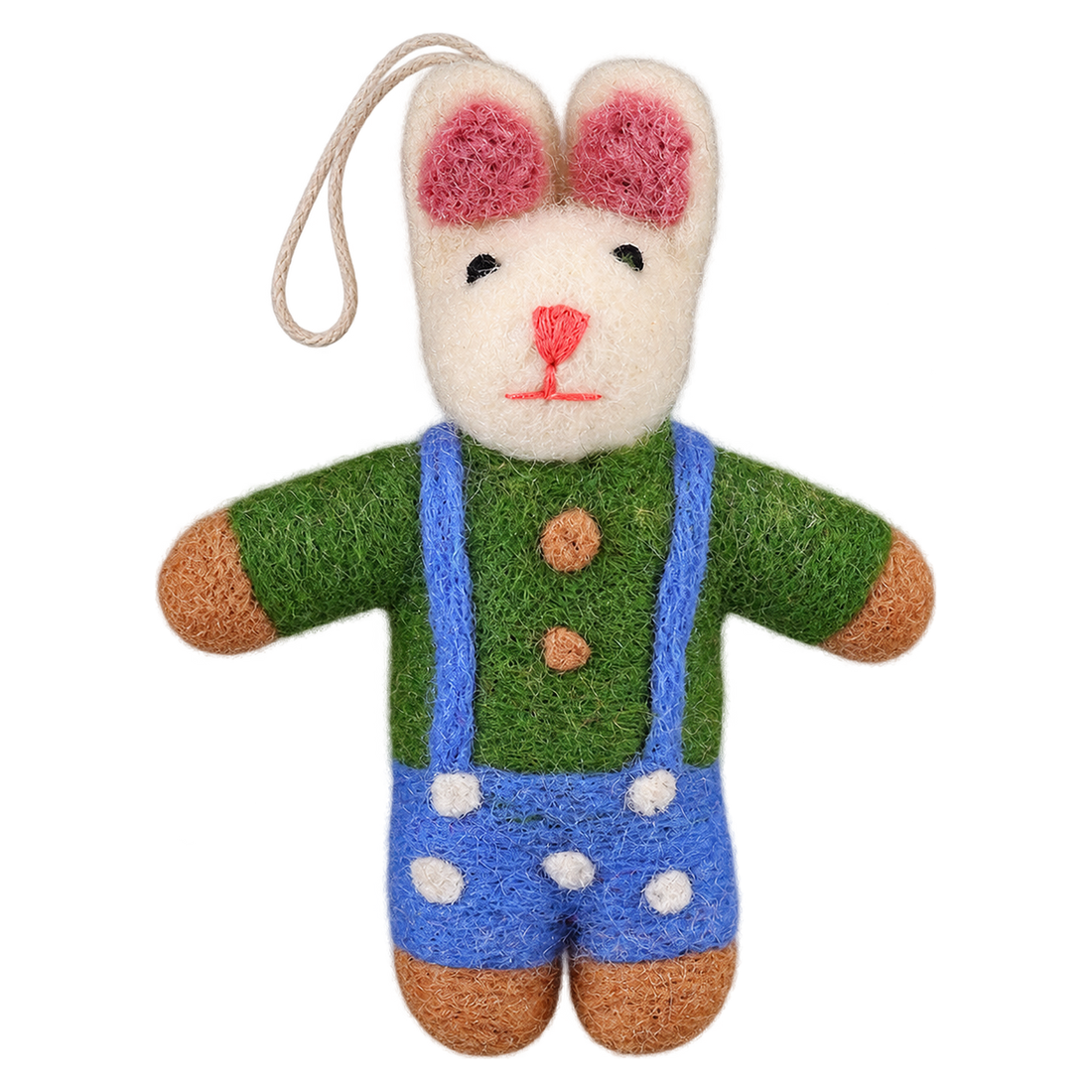 Dungaree Bunny, felt hanging ornament with a hanging loop