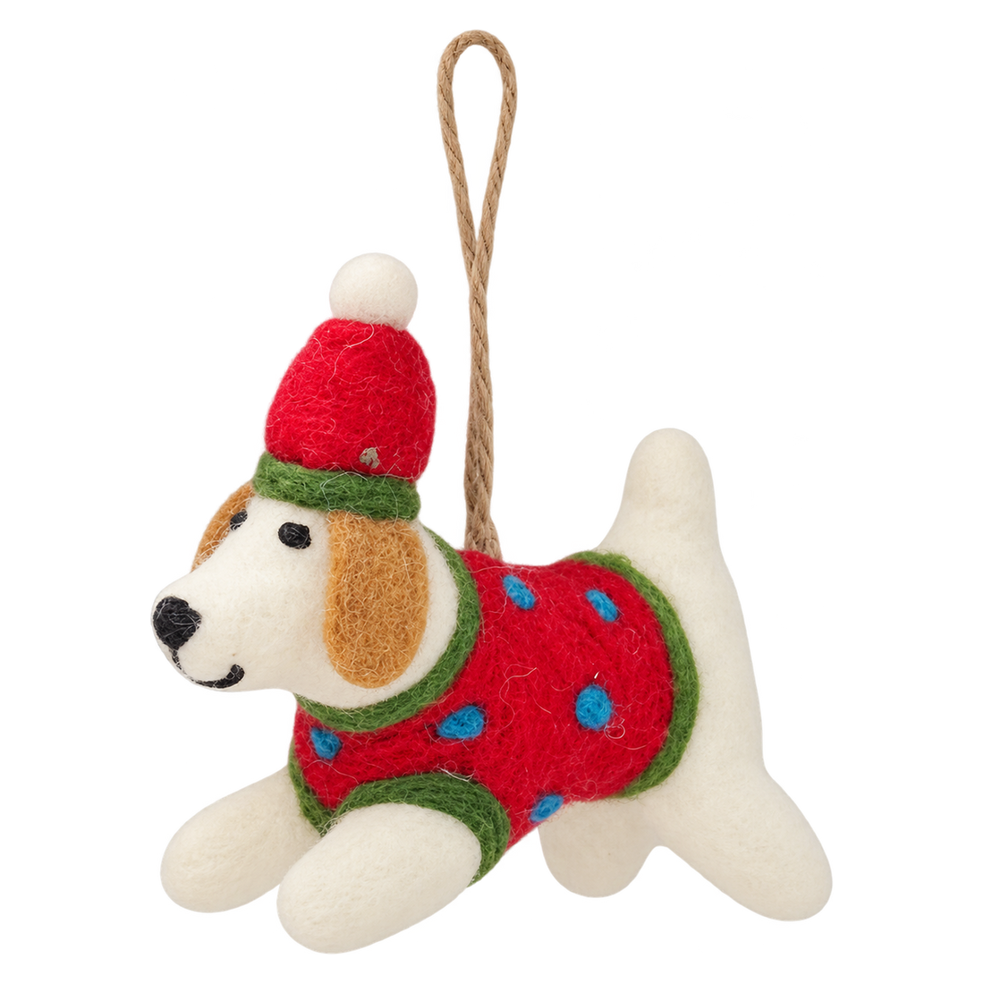 Tinsel the Pup, felt hanging ornament with a hanging loop