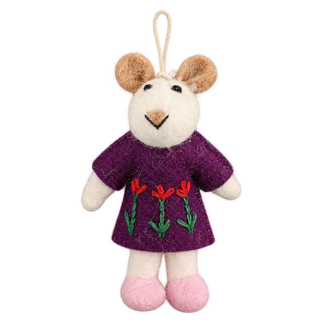 Tulip Dress Mouse, felt hanging ornament with a hanging loop