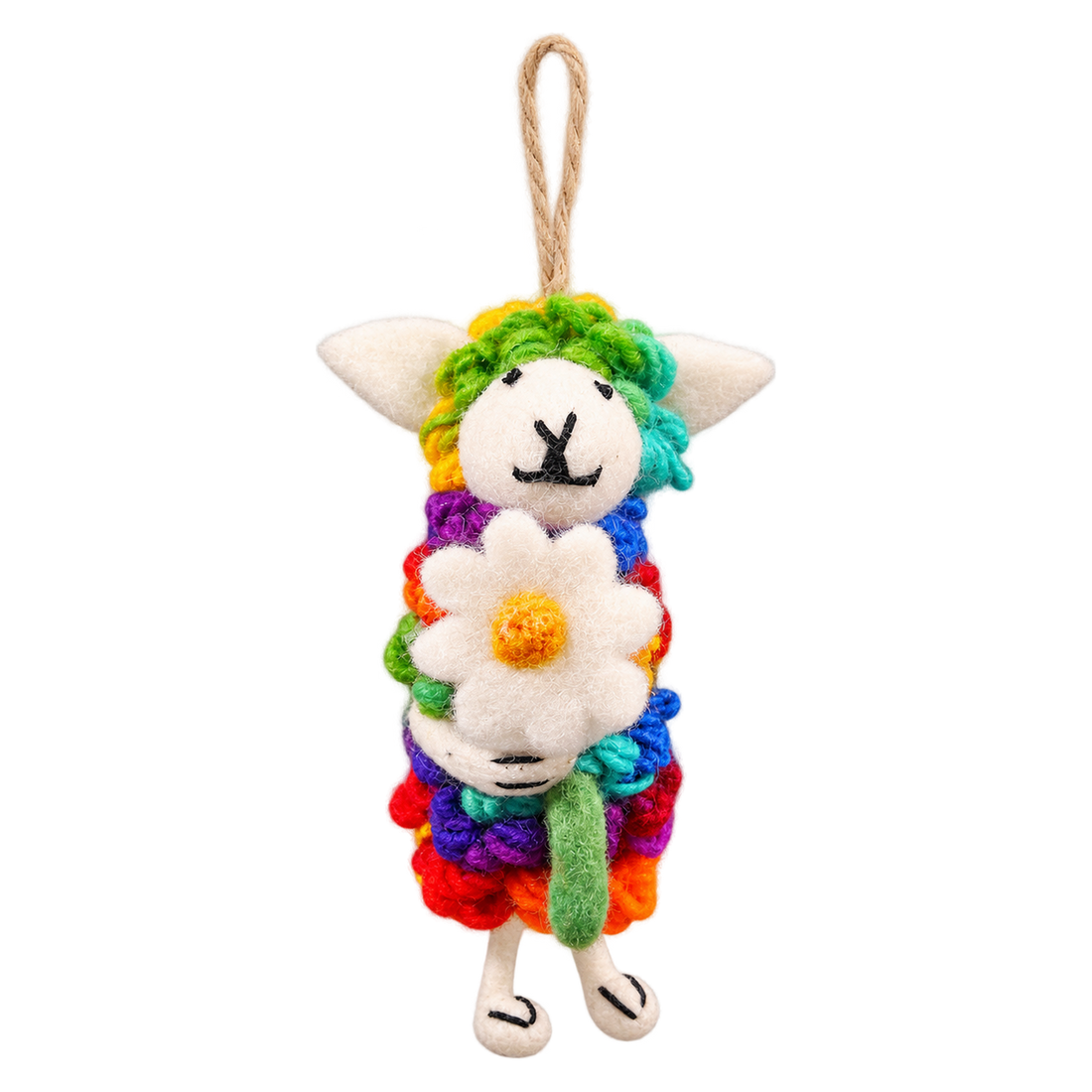 Rainbow Hood Sheep, felt hanging ornament with a hanging loop