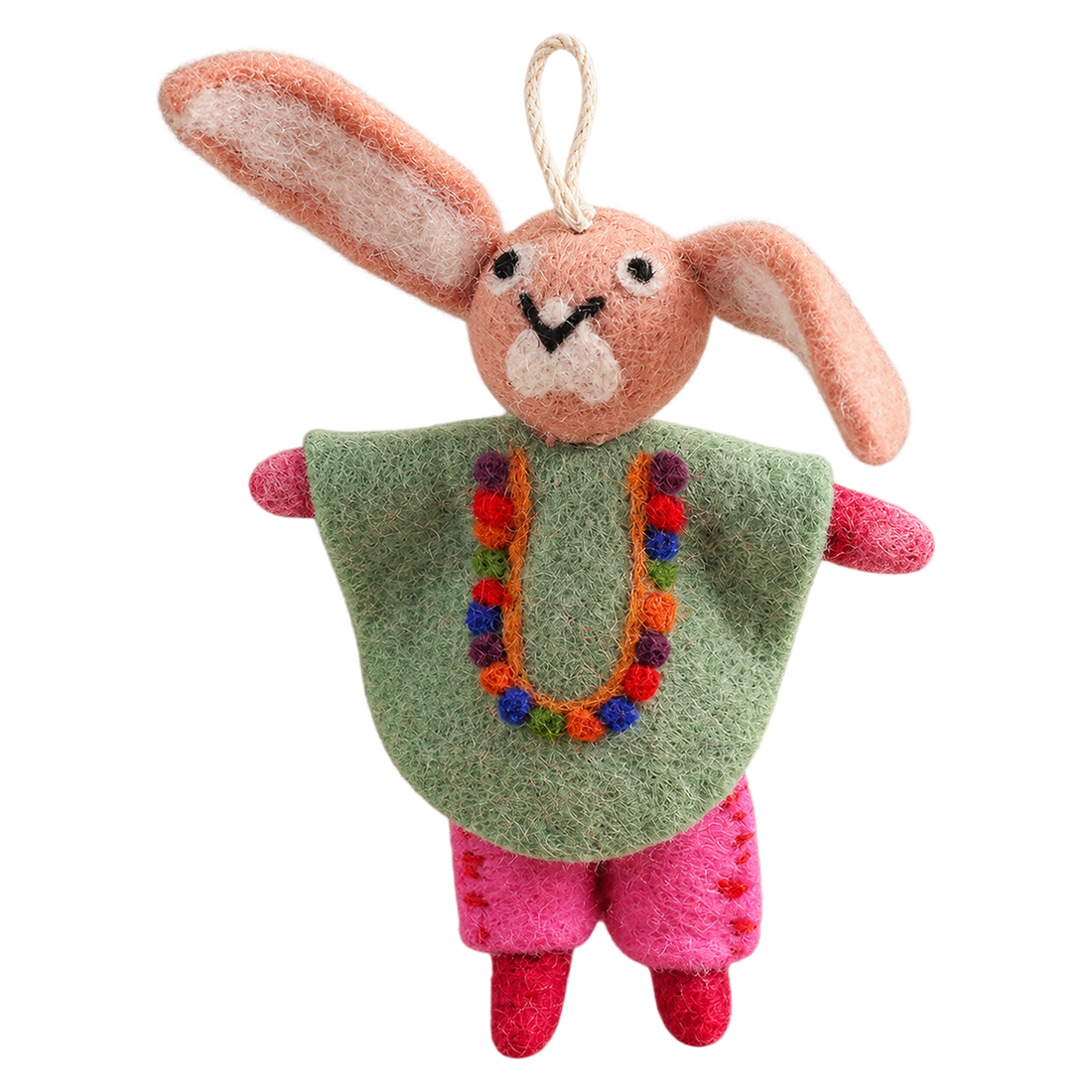 Poncho Bunny in Sage, felt hanging ornament with a hanging loop