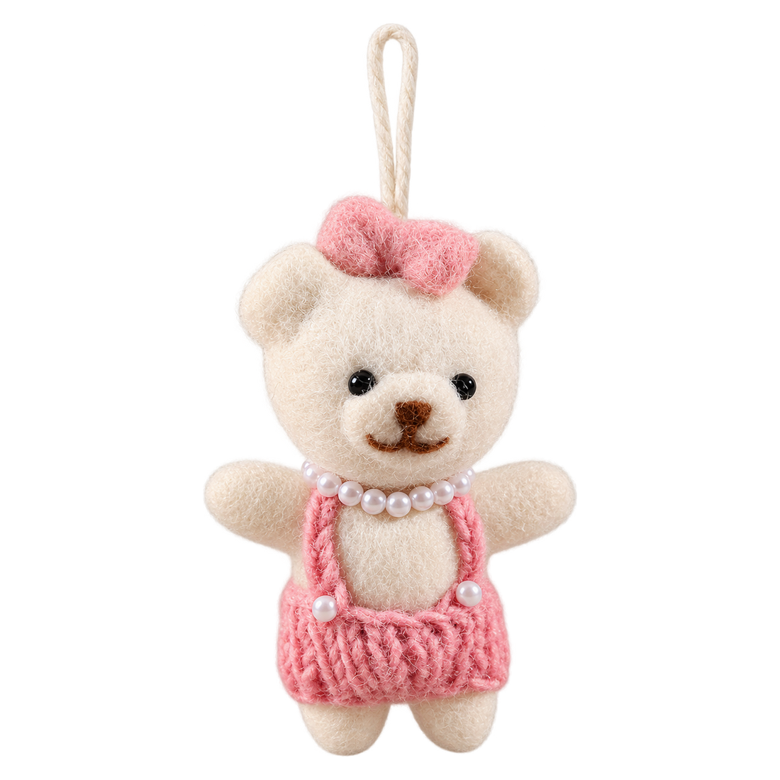 Bear in Pearls, felt bag charm with a hanging loop