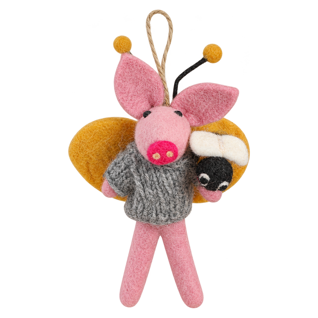 Pebble Bumble Pig, felt hanging ornament with a hanging loop