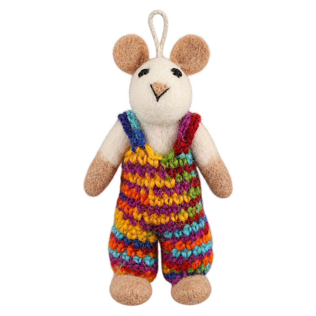 Rainbow Dungaree Mouse, felt hanging ornament with a hanging loop