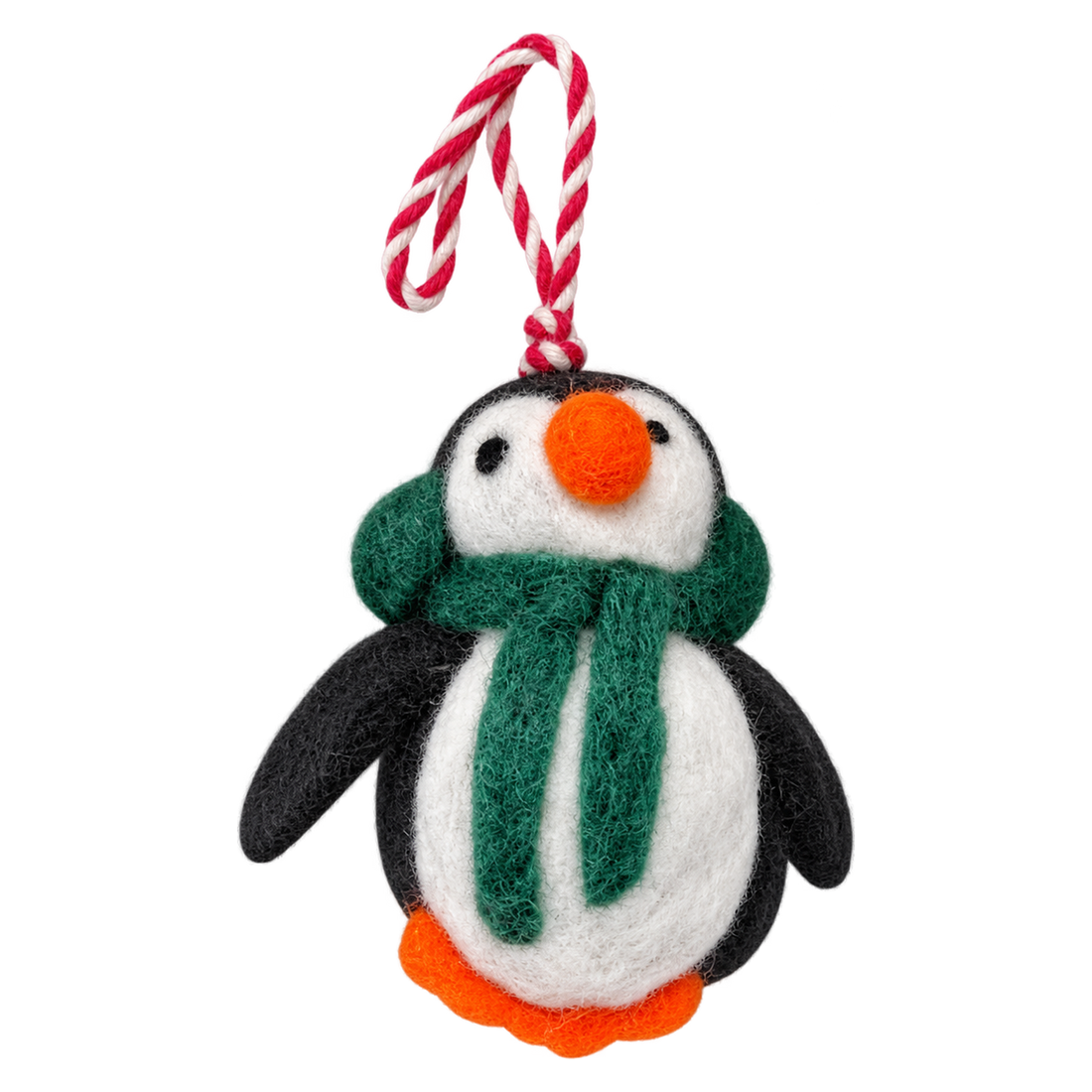 Pine Scarf Penguin, felt bag charm with a hanging loop