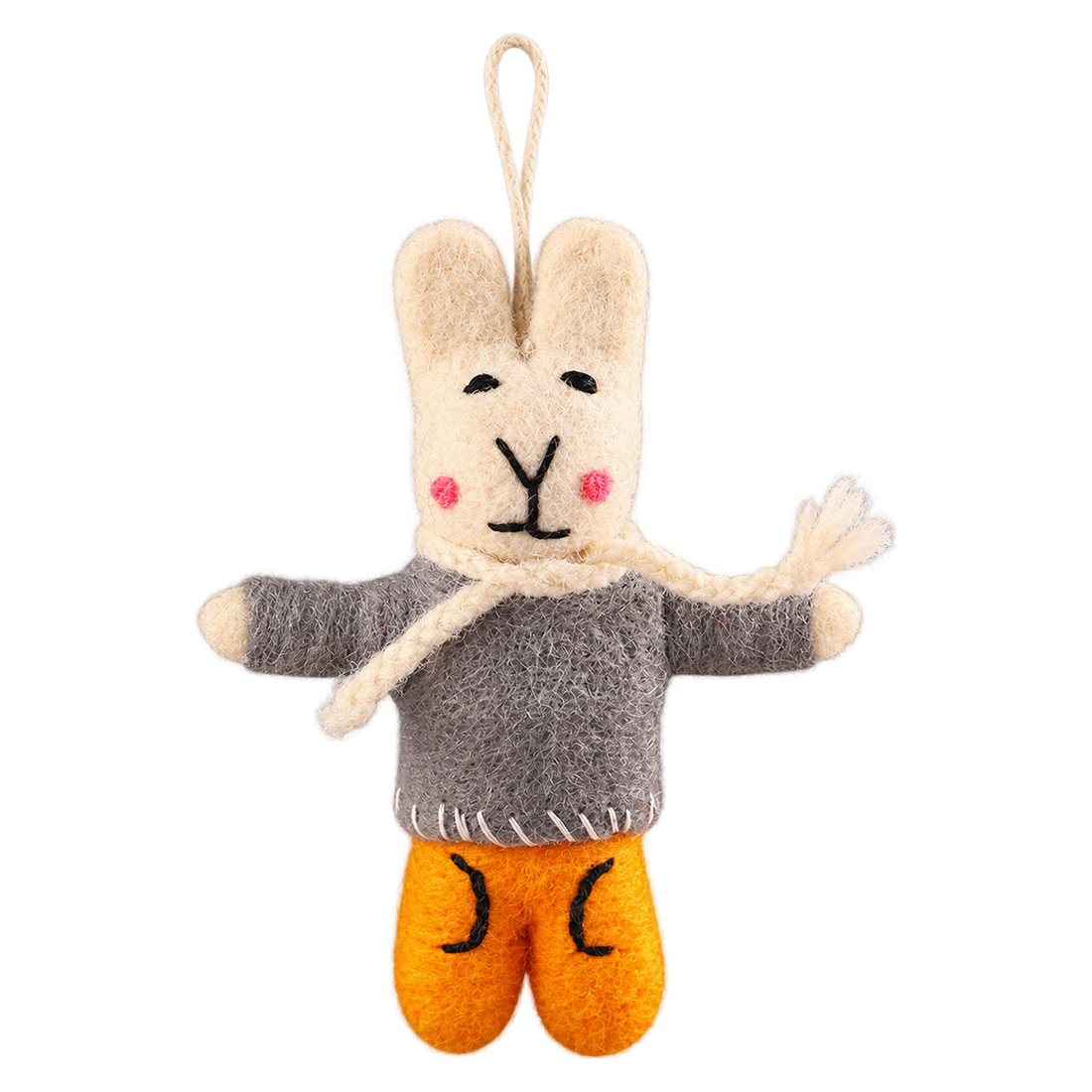 Hug-Me Bunny in Grey, felt hanging ornament with a hanging loop