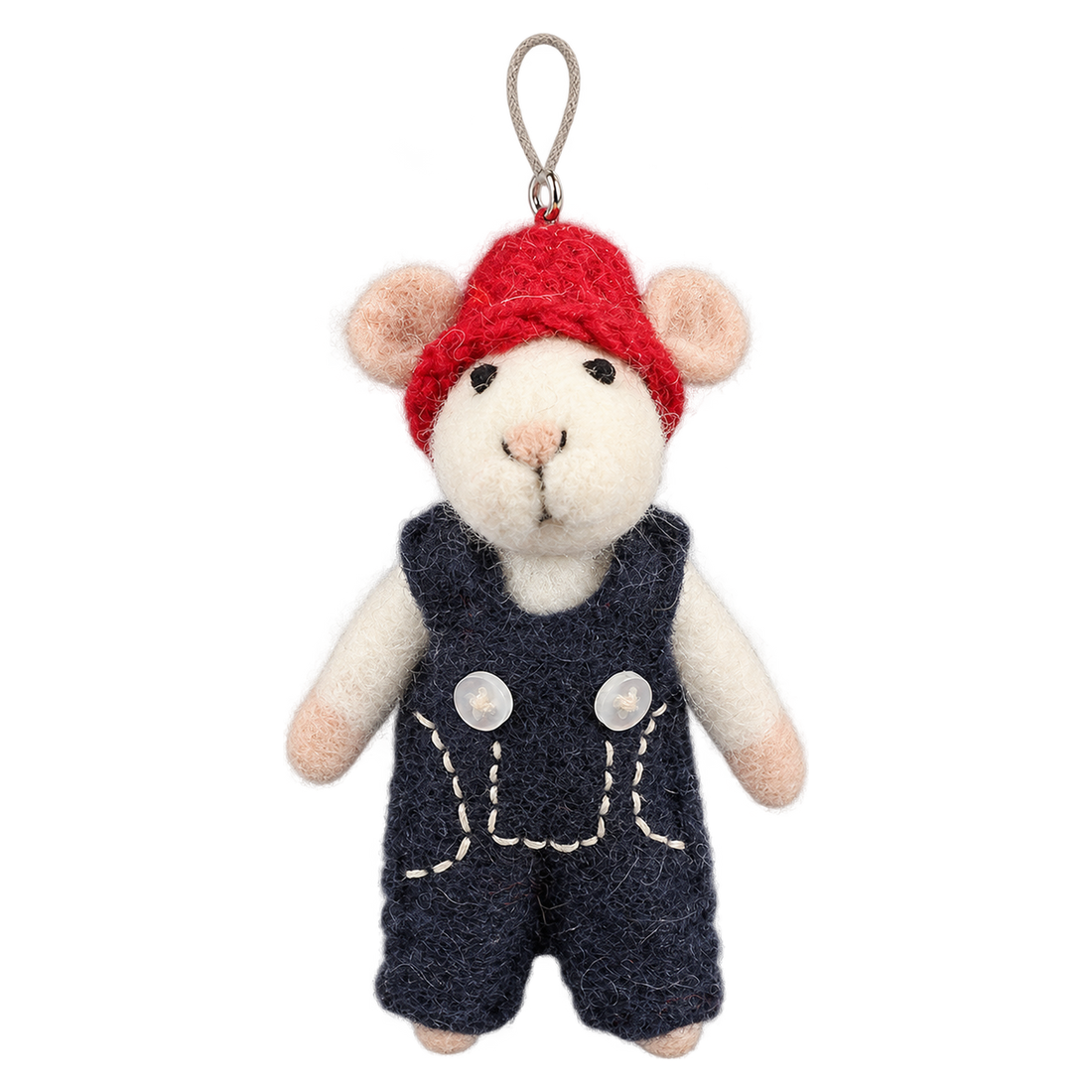 Navy Dungaree Mouse, felt hanging ornament with a hanging loop