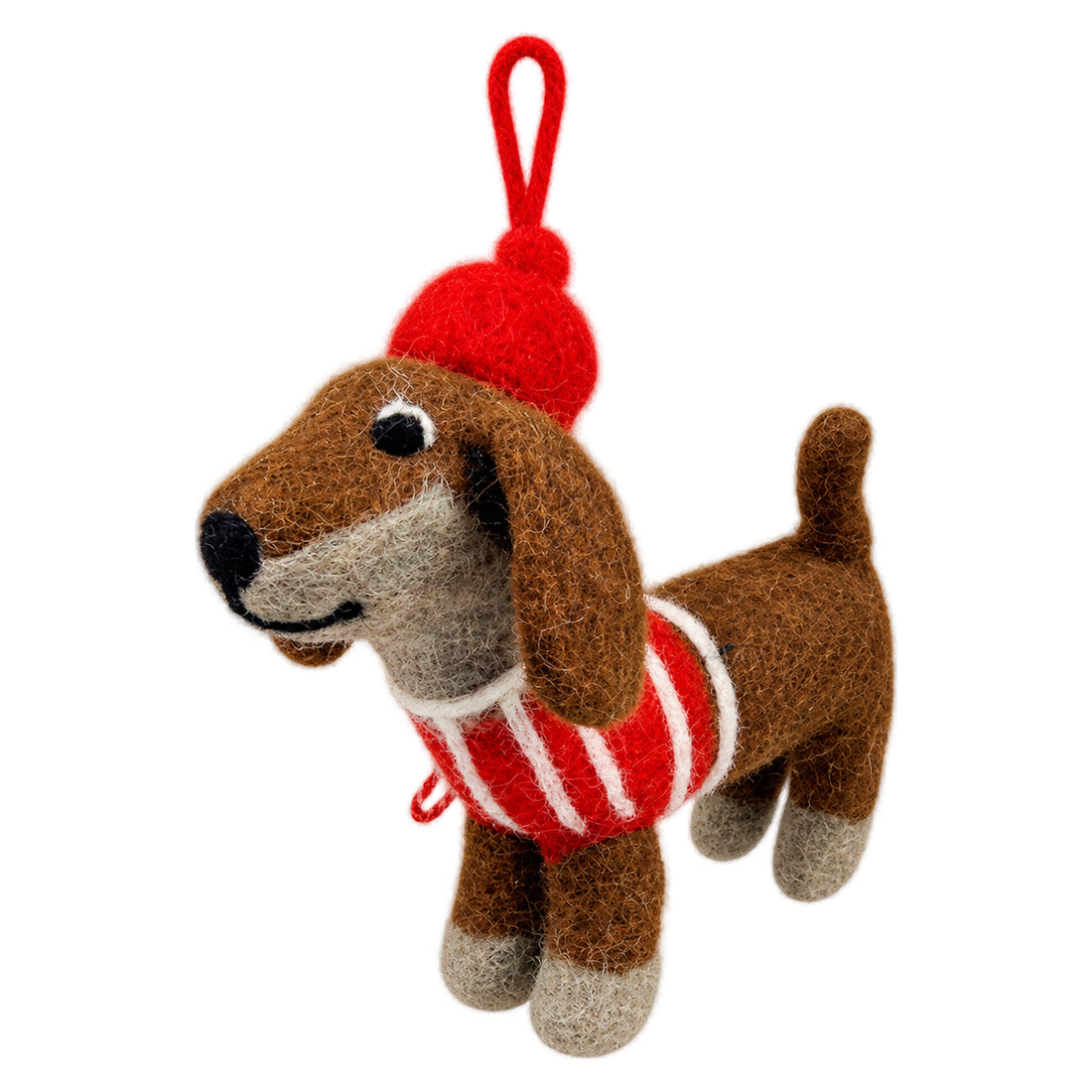 Noel the Sausage Dog, felt bag charm with a hanging loop