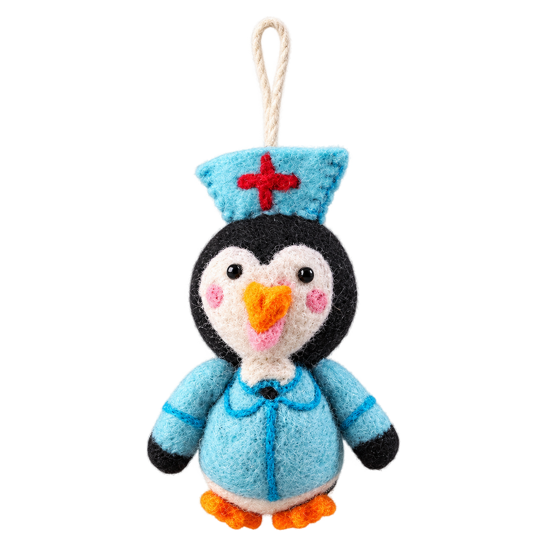 Penguin in a Nurse's Cap, felt bag charm with a hanging loop