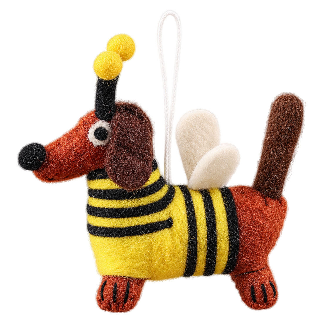 Buzzy the Sausage Dog, felt bag charm with a hanging loop