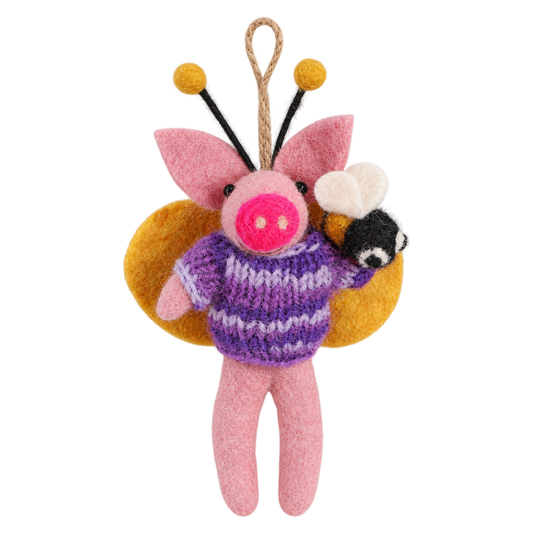 Lavender Bumble Pig, felt hanging ornament with a hanging loop