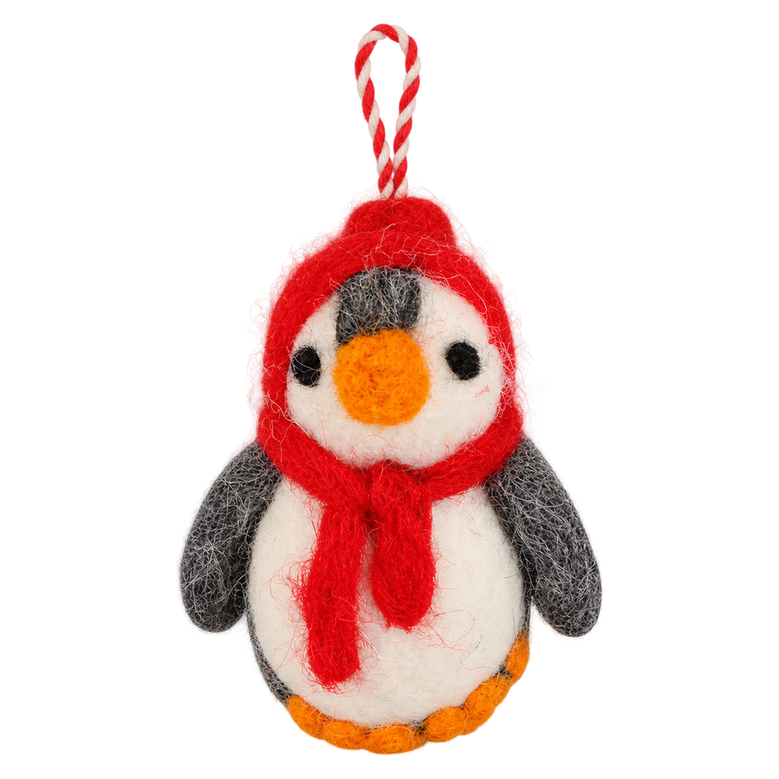 Red Hood Penguin, felt hanging ornament with a hanging loop