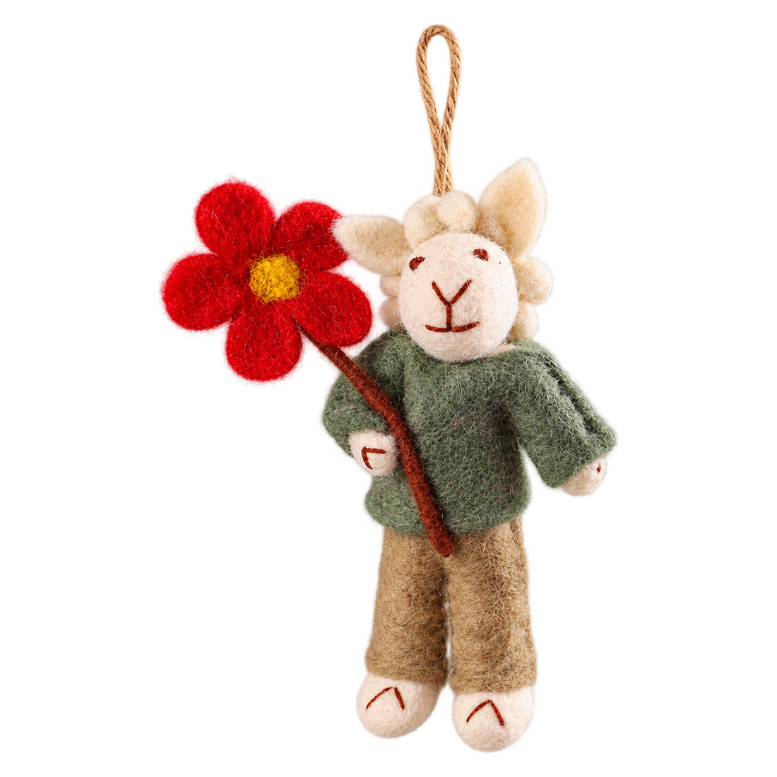 Green Fingers Sheep, felt hanging ornament with a hanging loop