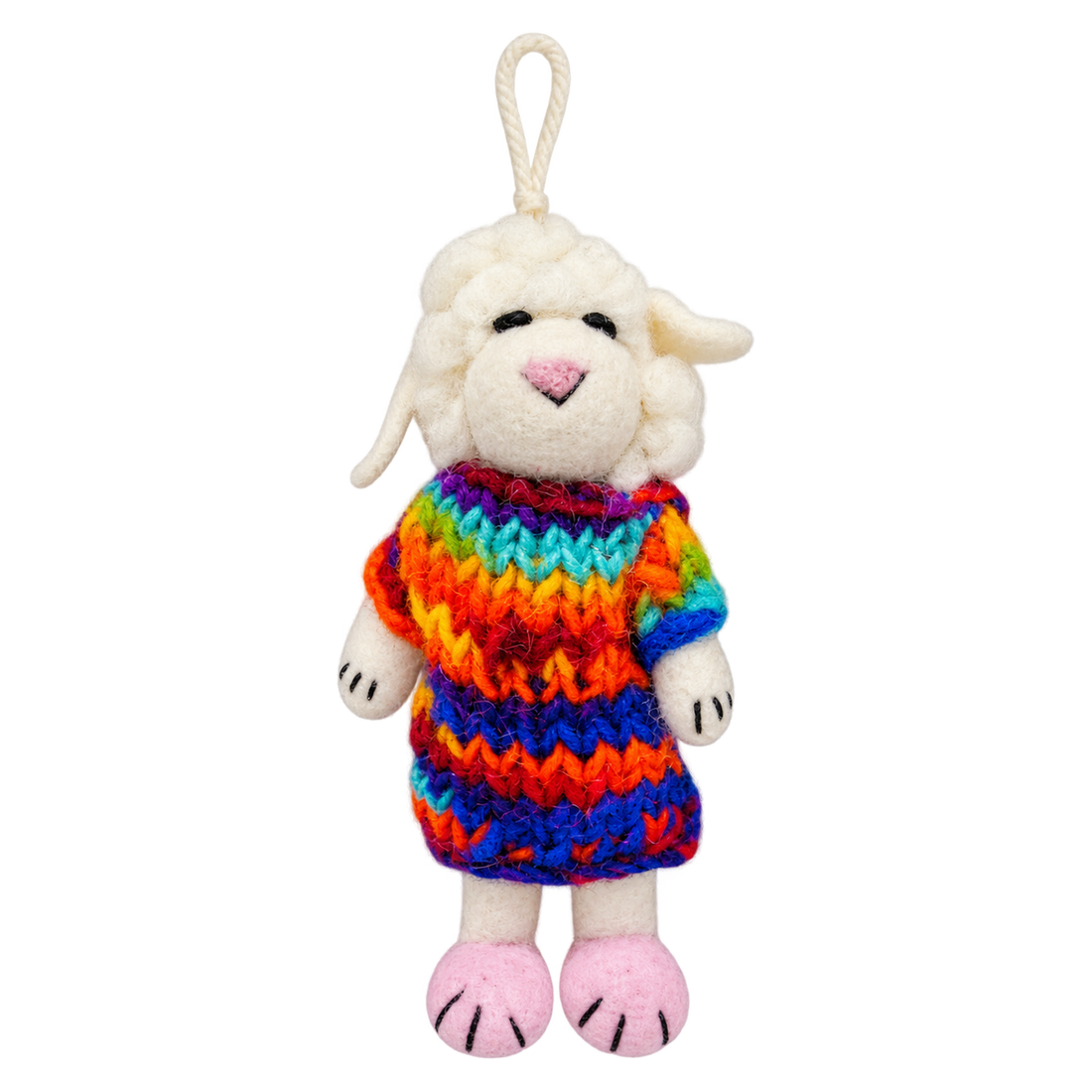 Rainbow Stripe Sheep, felt hanging ornament with a hanging loop