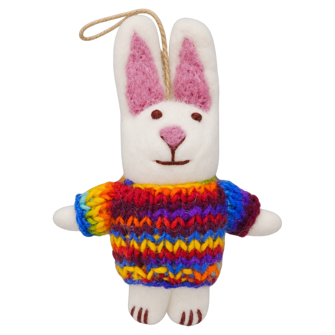 Rainbow Jumper Bunny, felt bag charm with a hanging loop