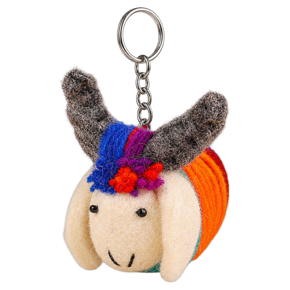 Rainbow Yak, felt keychain on a key ring