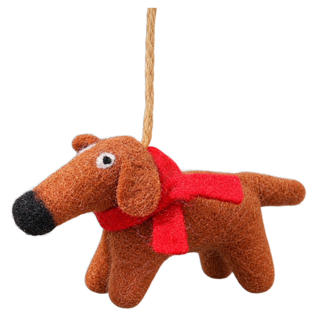 Sid the Sausage Dog, felt hanging ornament with a hanging loop