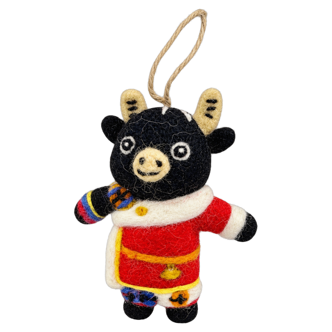 Yak in a Red Coat, felt bag charm with a hanging loop